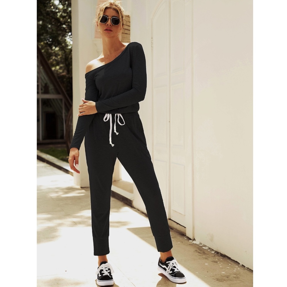 Off Shoulder Contrast Drawstring Black Jumpsuit - Picture 6 of 16